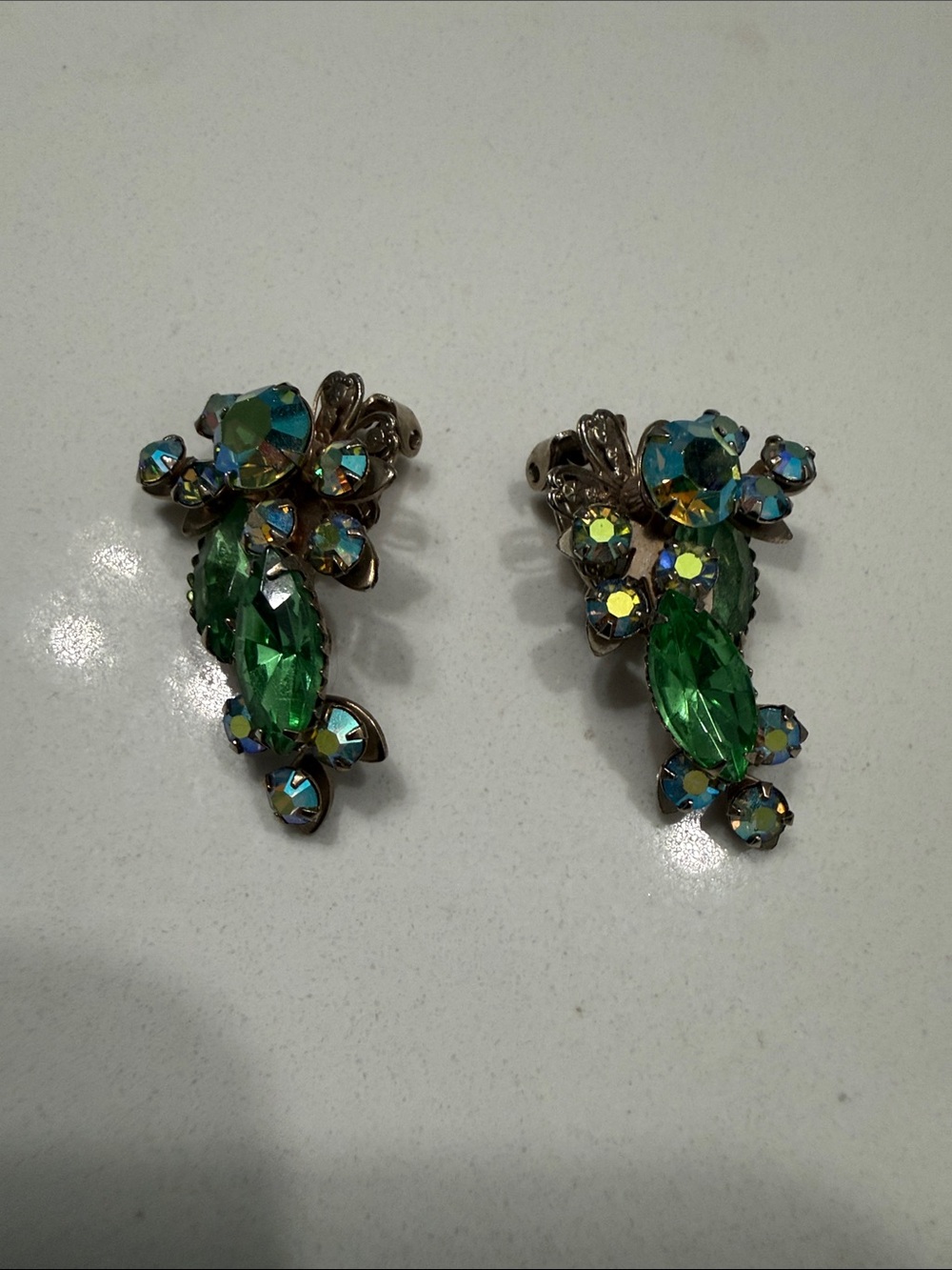 Green Crystal Clip-On Earrings with Aurora Borealis Accents